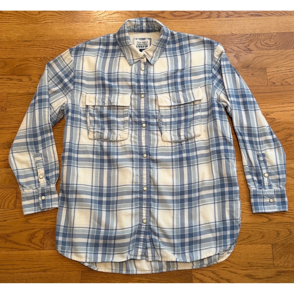 American Eagle Seriously Lived-In Blue Plaid Flannel Snap Front Shirt Small